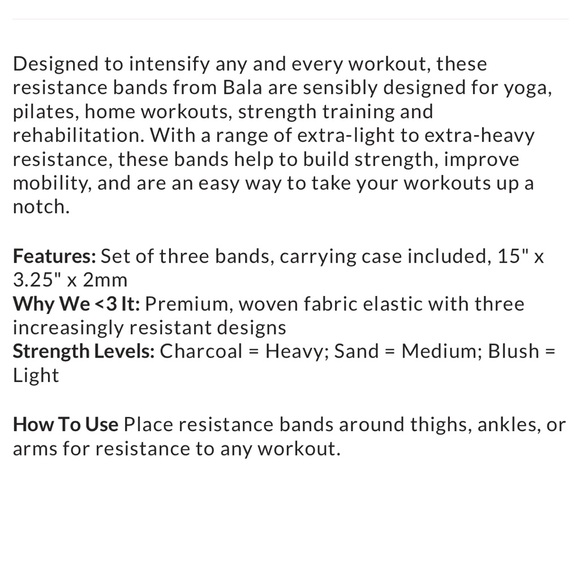 Bala Resistance Bands Fitness 3 pack Brand New Charcoal Sand Blush black pink - Picture 5 of 5